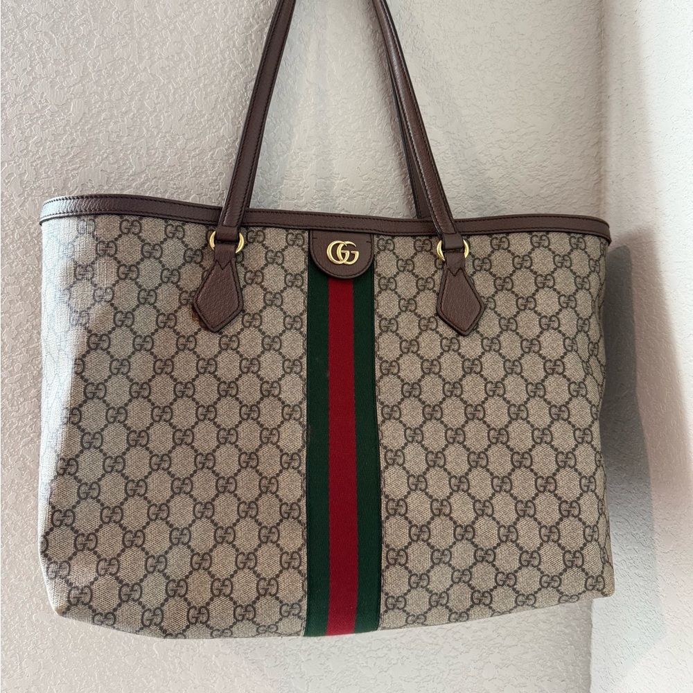 Gucci Beige and Brown Tote with Green and Red Stripe